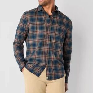 Mutual Weave Mens Plaid Shirt Brown Button Up Long Sleeve Cotton Size Large
